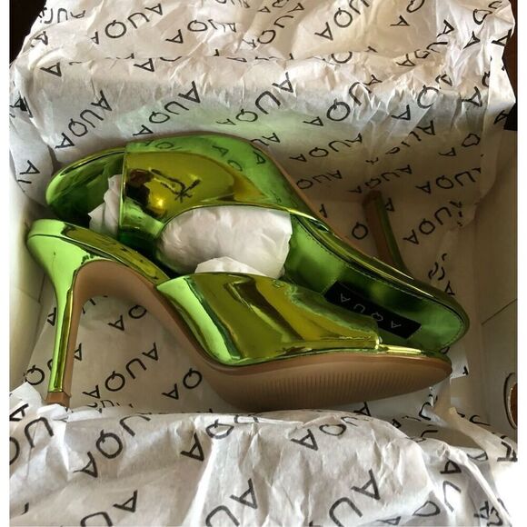 AQUA - 🎉HP🎉 NWT L Sz 7.5 Maeve Reilly Lucio High Heel Slides/Metallic Emerald - Picture 3 of 14